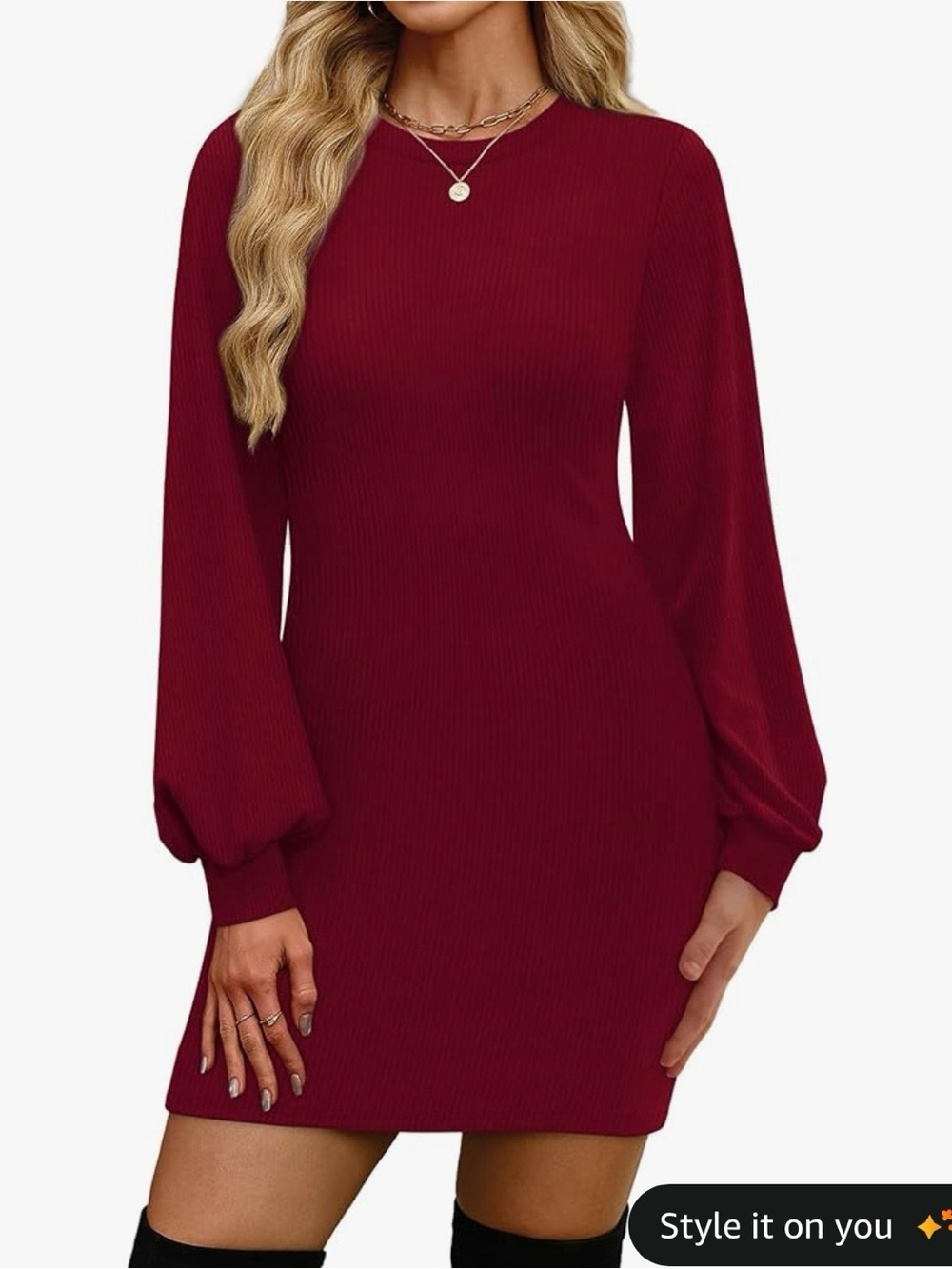 Ribbed Long-Sleeve Knit Dress in Burgundy